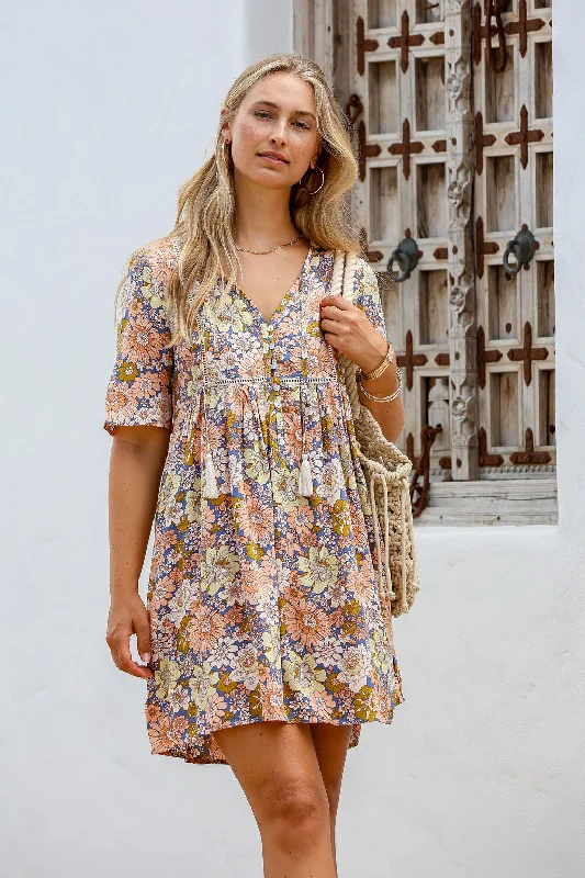 Santorini Short Dress Peach Floral