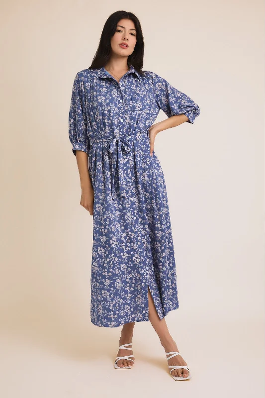 Blue Floral Button Down 3/4 Sleeve Maxi Dress