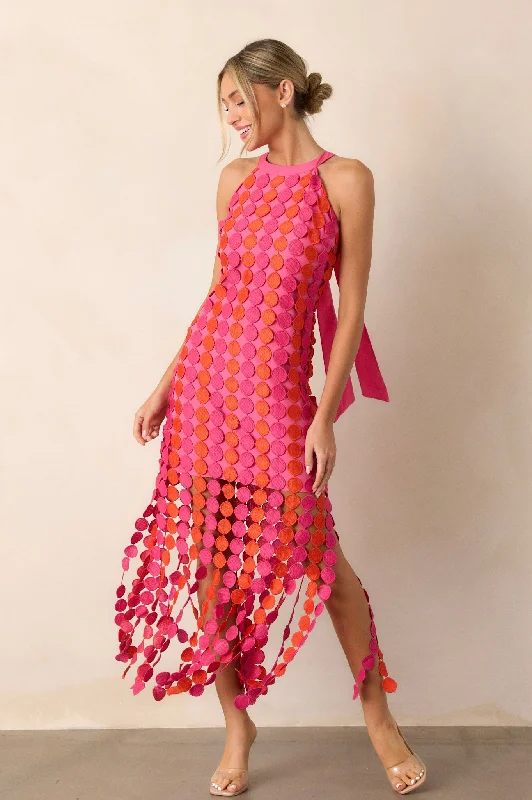 Dream Avenue Hot Pink Fringe Halter Top Midi Dress