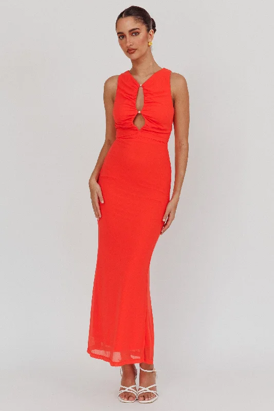 Piece Of Heaven Sleeveless Keyhole Mesh Maxi Dress Red