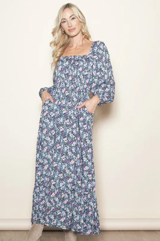 Blue Floral Reversible Long Sleeve Maxi Dress