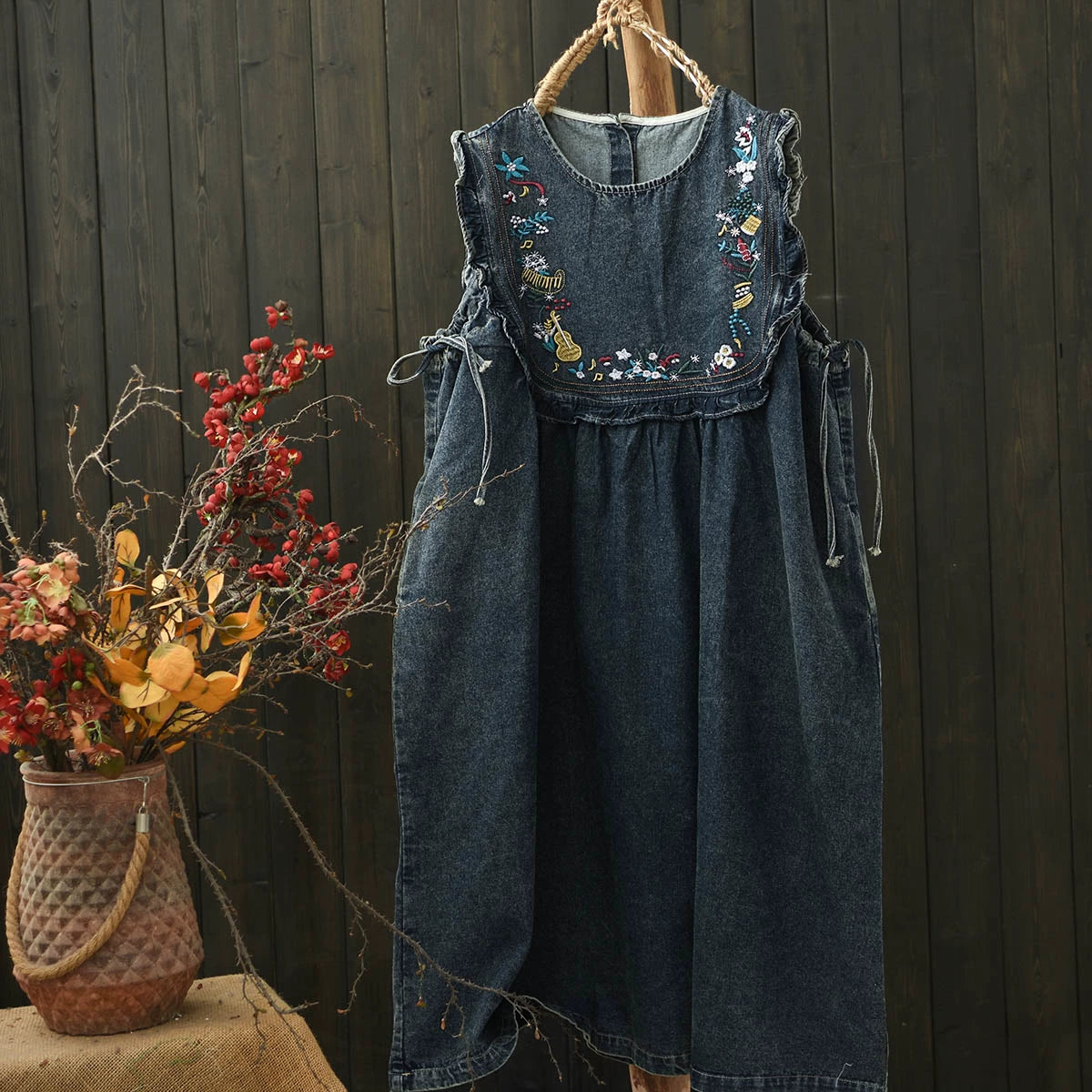 Women Spring Vintage Ethnic Embroidered Cotton Vest Dress