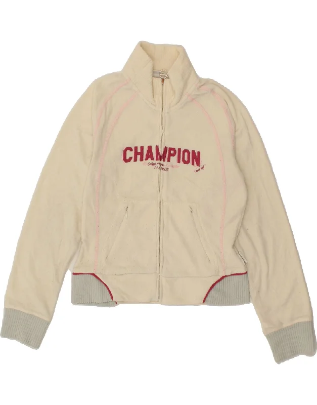 CHAMPION Womens Graphic Fleece Jacket UK 12 Medium Off White