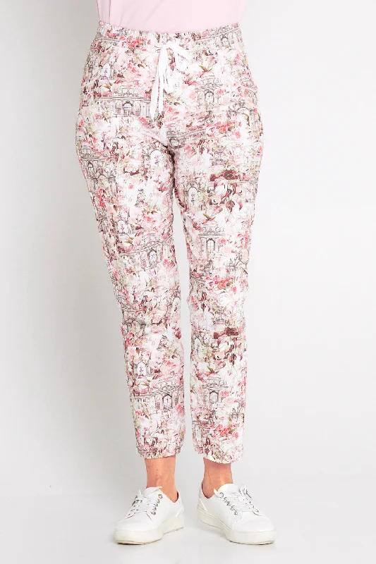 Printed Crushed Drawstring Pants - Floral Buildings