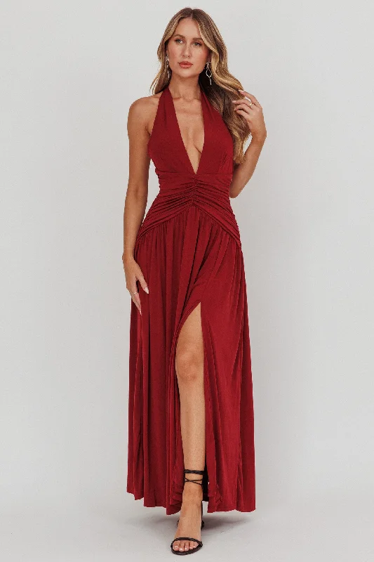 Italia Azure Gathered Waist Maxi Dress Wine