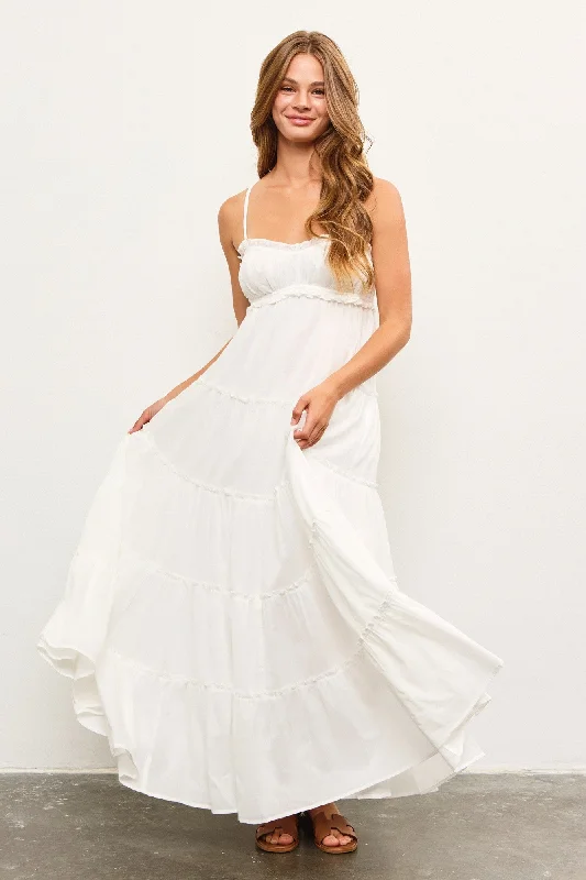 White Shirred Bust Ruffle Tiered Maxi Dress