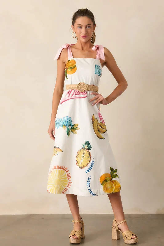 Take A Chance Cotton Ivory Tropical Fruit Print Midi Dress