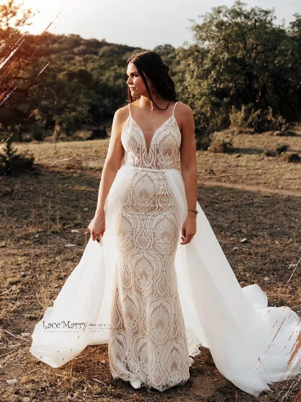 KAILEY / Lace Boho Wedding Dress with Deep V Neck