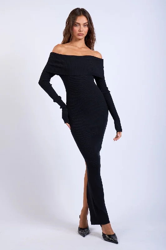 Black Ribbed Knit Off Shoulder Side Slit Sweater Dress