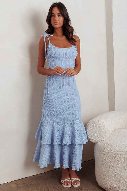 Blue Textured Shoulder Tie Layered Hem Maxi Dress