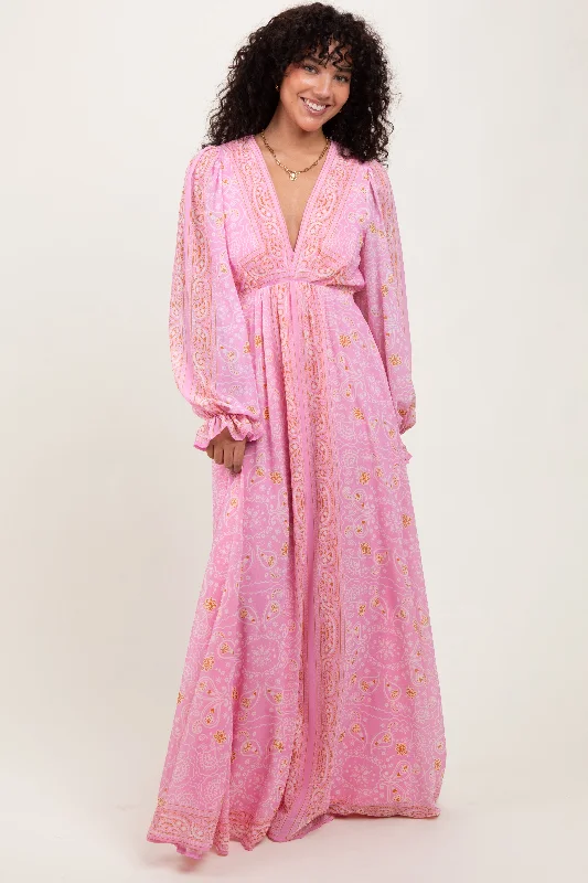 Pink Paisley Deep V-Neck Long Sleeve Maxi Dress