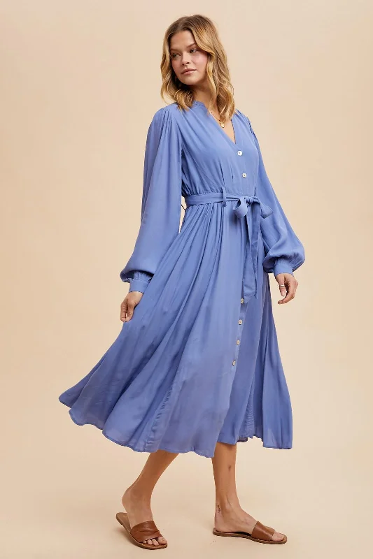 Blue Belted Long Sleeve Maxi Dress