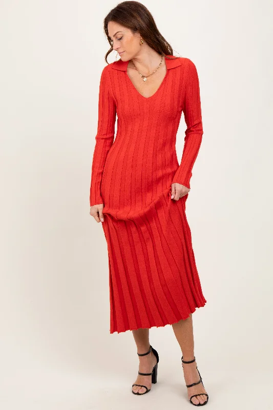 Red Wide Ribbed Knit Collared Midi Dress