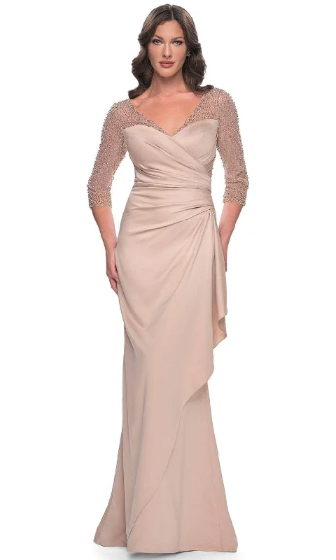 La Femme 31011SC - Beaded Illusion Quarter Sleeve Evening Gown