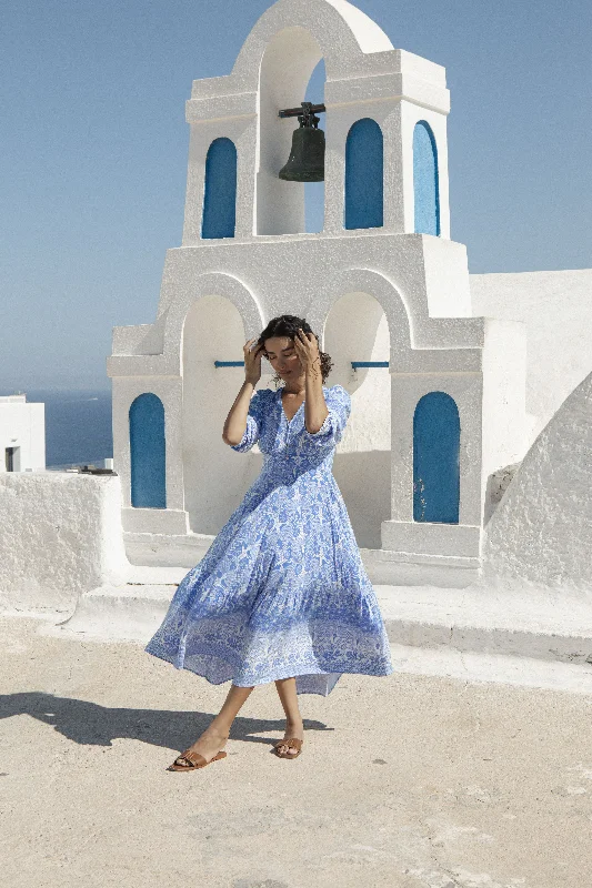 Santorini Blue Long Sleeve Midi Dress