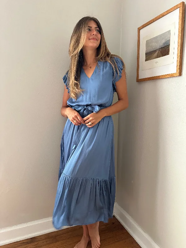 Current Air Darla Dusty Blue Pleated Sleeve Midi Dress