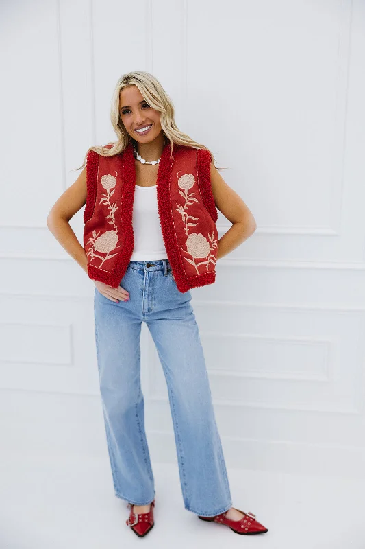 Selena Embroidered Vest - Red