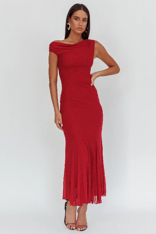 Diana Asymmetric Shoulder Godet Maxi Dress Wine