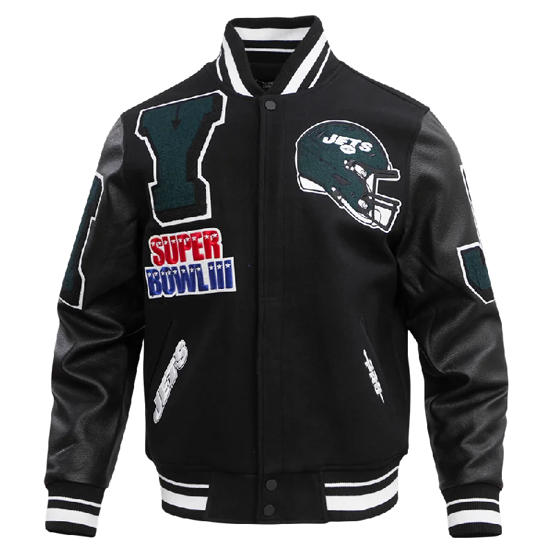 NFL NEW YORK JETS MASHUP MEN'S RIB WOOL VARSITY JACKET (BLACK)