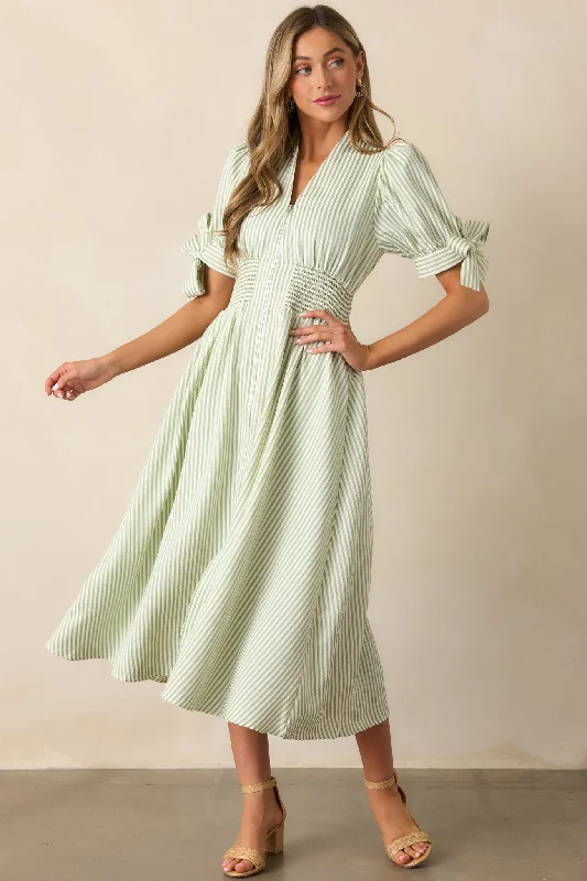 Afternoon Tea Green Stripe Zip Front Midi Dress