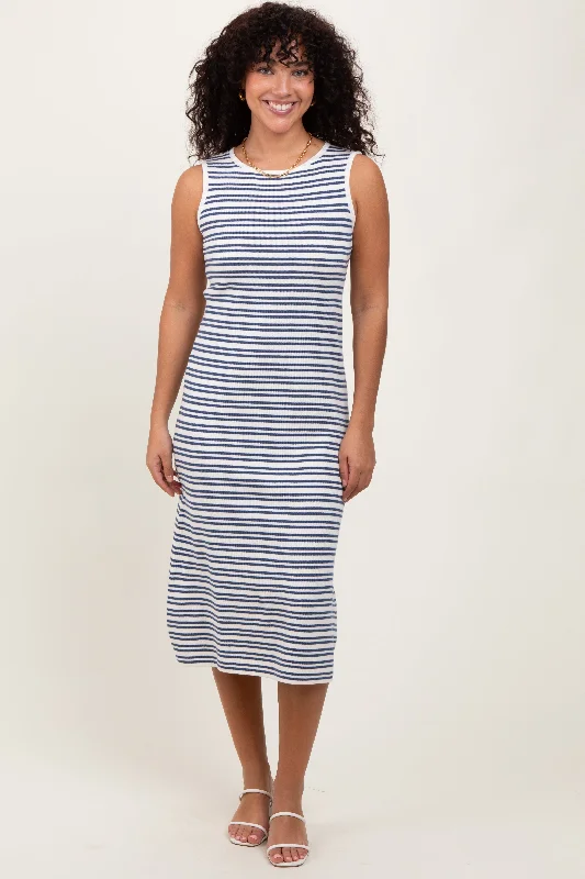 Navy Striped Knit Sleeveless Midi Dress