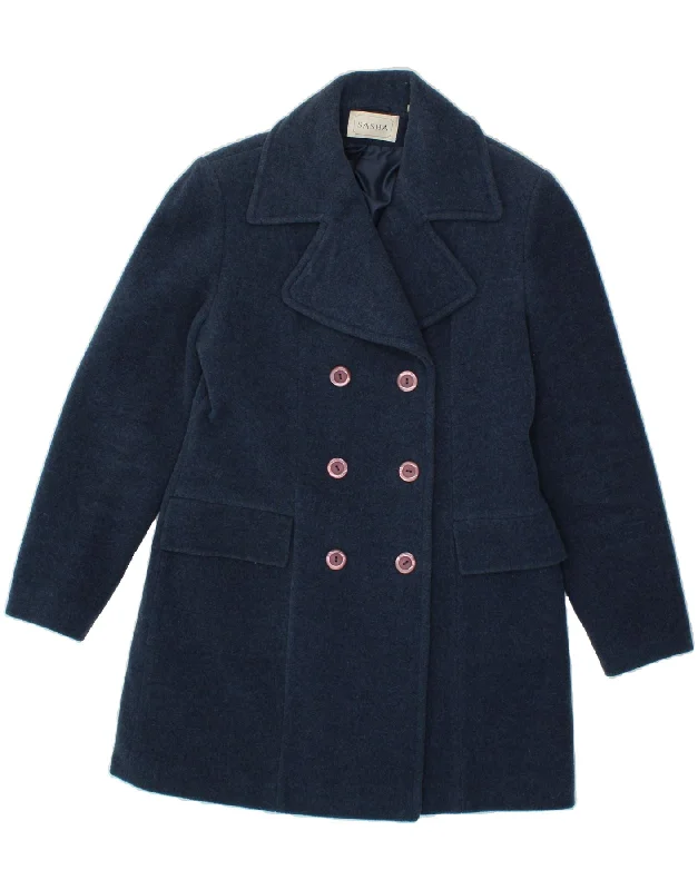 SASHA Womens Double Breasted Coat UK 10 Small Navy Blue Wool