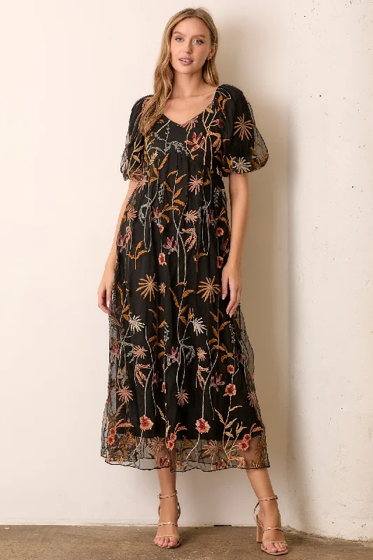 Black Embroidered Floral Mesh Overlay Midi Dress