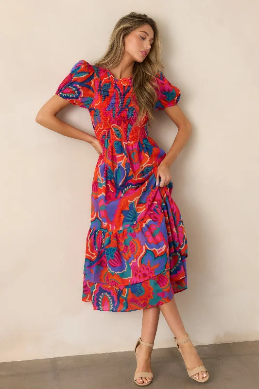 Catching Flights Cotton Orange Multi Print Midi Dress