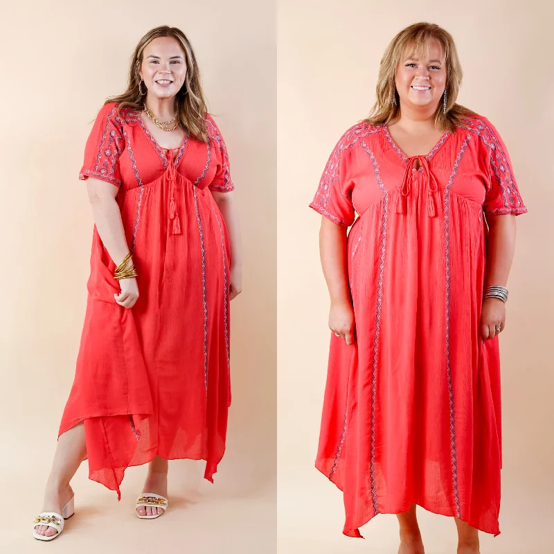 LAST CHANCE SIZE SMALL & MEDIUM | Just For You Embroidered Maxi Dress with Tassel Tie Neck in Coral