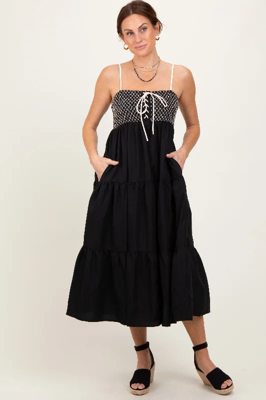 Black Lace Up Smocked Bodice Tiered Midi Dress