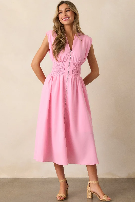 The Evette Baby Pink Zip Front Midi Dress