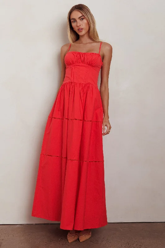 Heavenly Glow Gathered Bust A-Line Maxi Dress Red