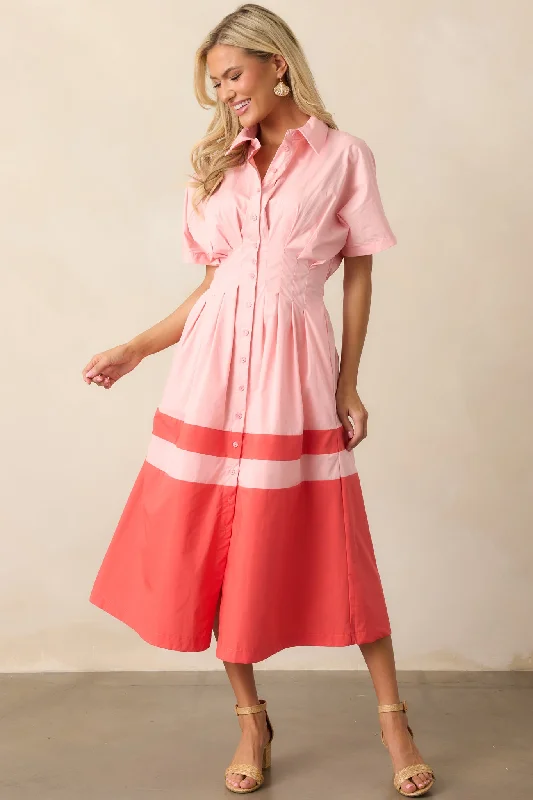 The Diner Downtown Pink Cotton Midi Shirt Dress