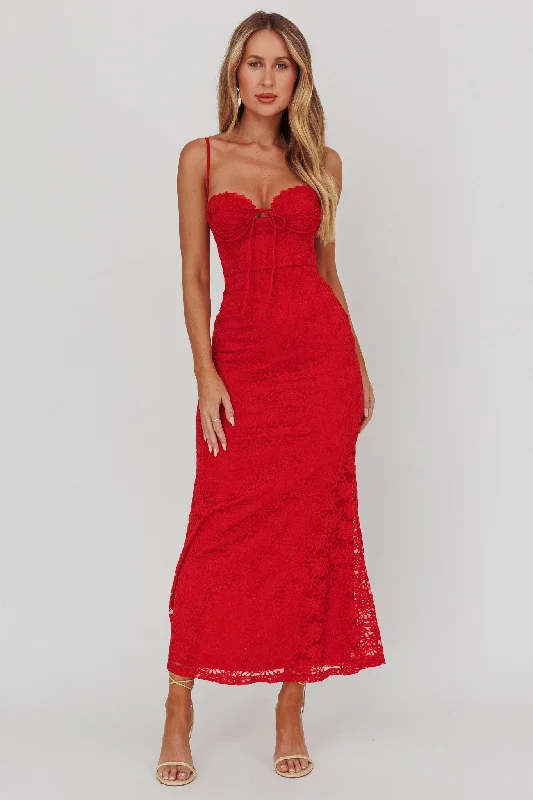 Passione Tied Bust Lace Maxi Dress Cherry