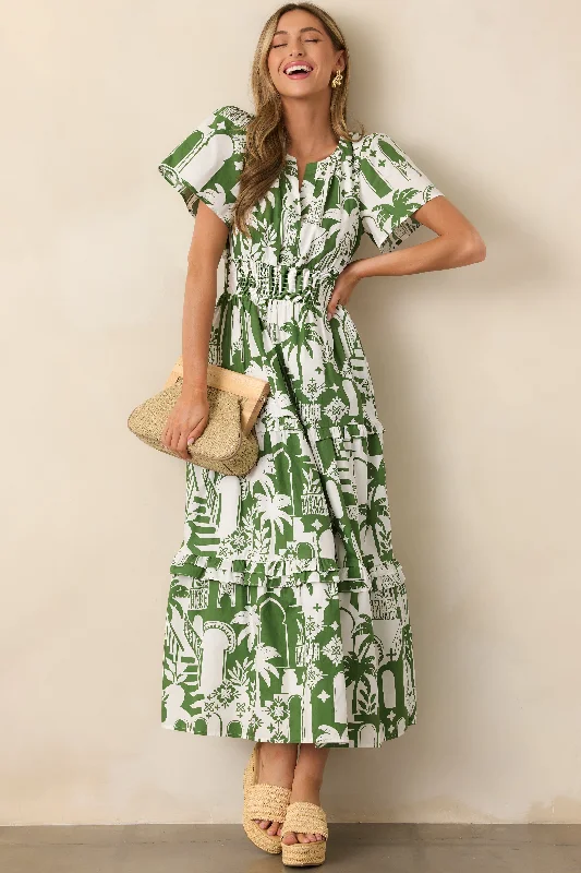 Island Glow Cotton Green Tropical Palm Print Maxi Dress