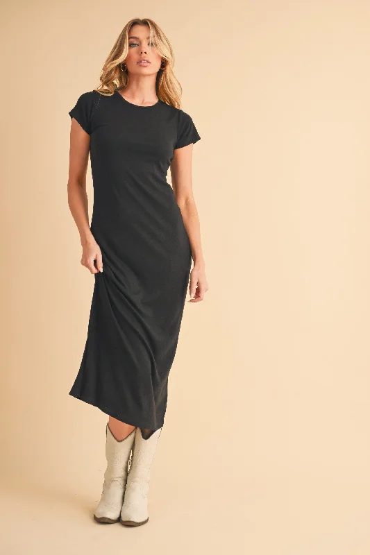 Black Basic Crewneck Midi Dress