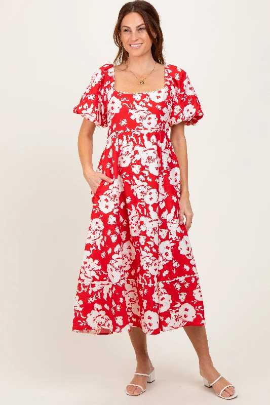 Red Floral Scallop Trim Puff Sleeve Midi Dress