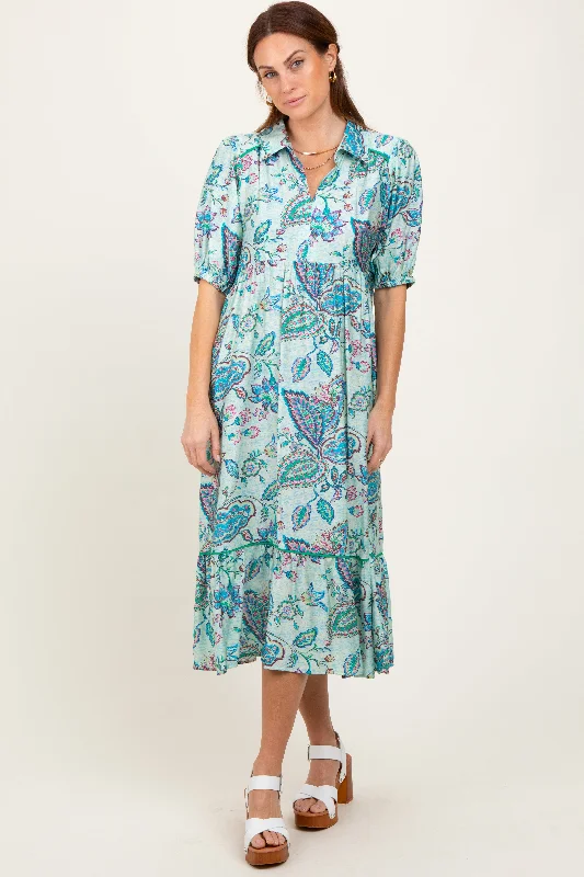 Aqua Paisley Collared Ruffle Hem Midi Dress