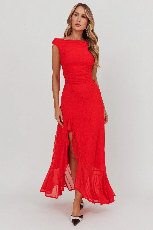 Moonlit Magic Asymmetric Neckline Maxi Dress Red