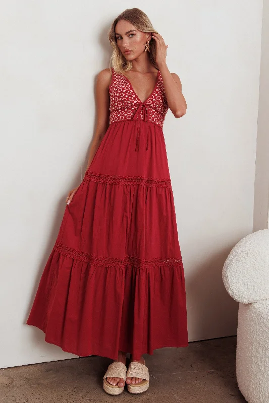 Joycelin V-Neck Eyelet Maxi Dress Red