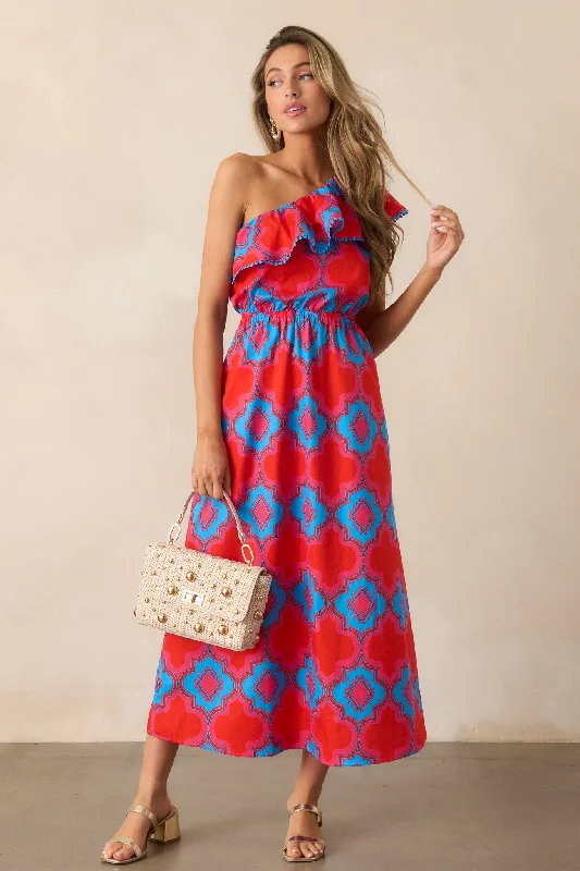 Packing My Bags Cotton Red Multi Print One Shoulder Midi Dress