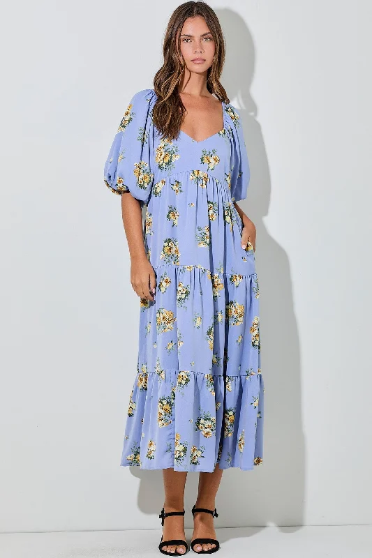 Light Blue Floral Puff Sleeve Tiered Maxi Dress