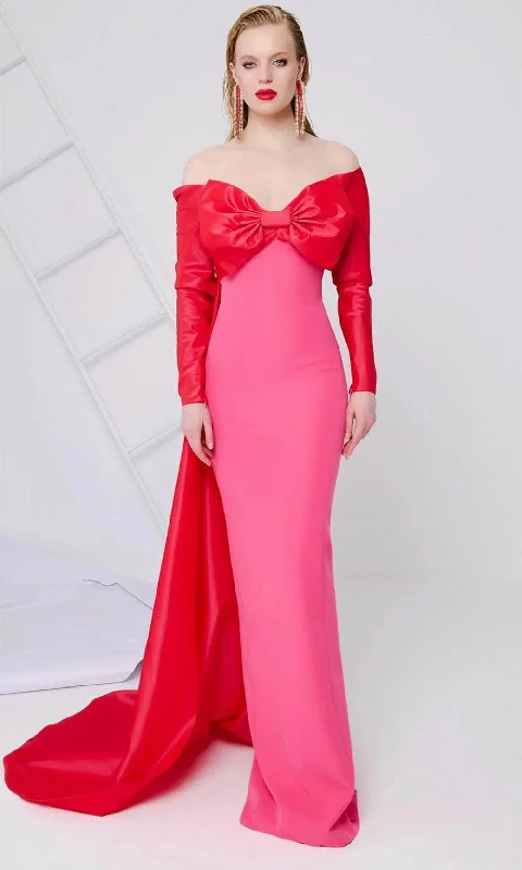 MNM Couture N0565A - Bow Bodice Long Sleeve Evening Gown