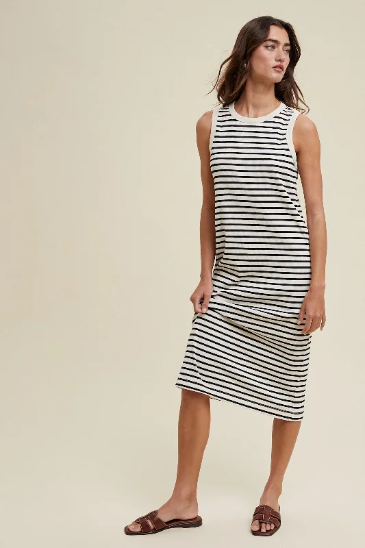 Cream Striped Ribbed Knit Sleeveless Midi Dress