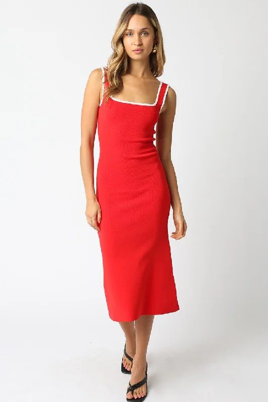 Red Knit Contrast Trim Square Neck Midi Dress