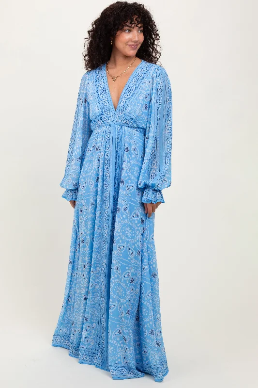 Light Blue Paisley Deep V-Neck Long Sleeve Maxi Dress