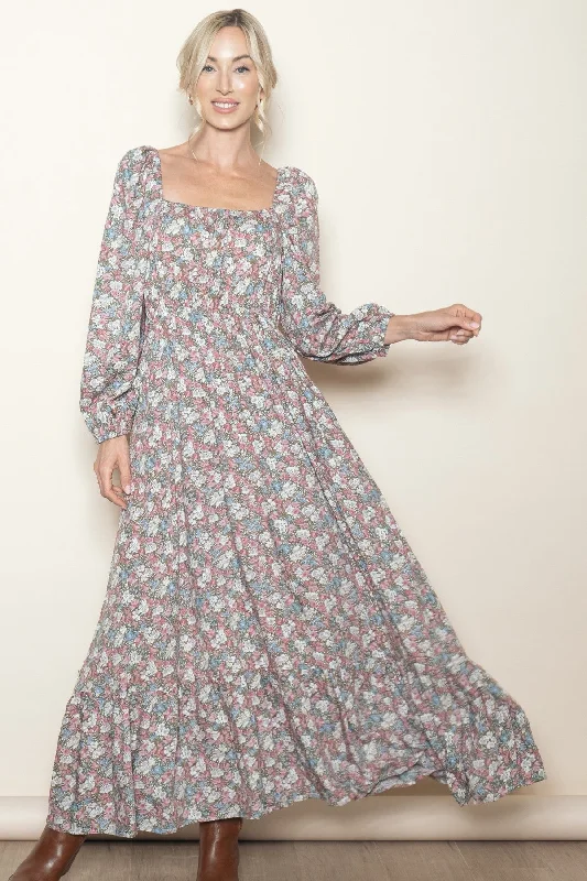 Pink Floral Reversible Long Sleeve Maxi Dress