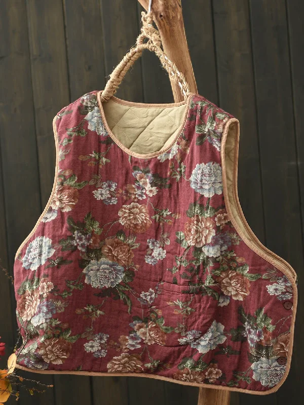 Babakud Women Winter Retro Printed Floral Cotton-Linen Quilted Vest