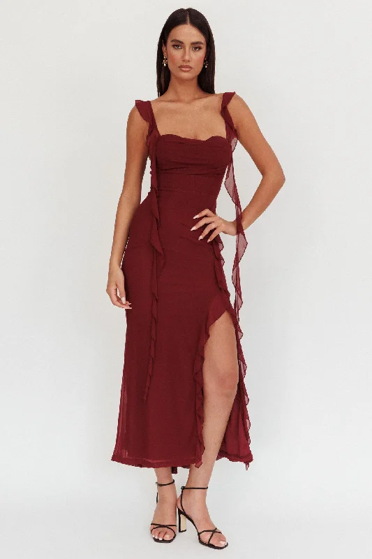 Blushing Ruffle Trim Maxi Dress Wine