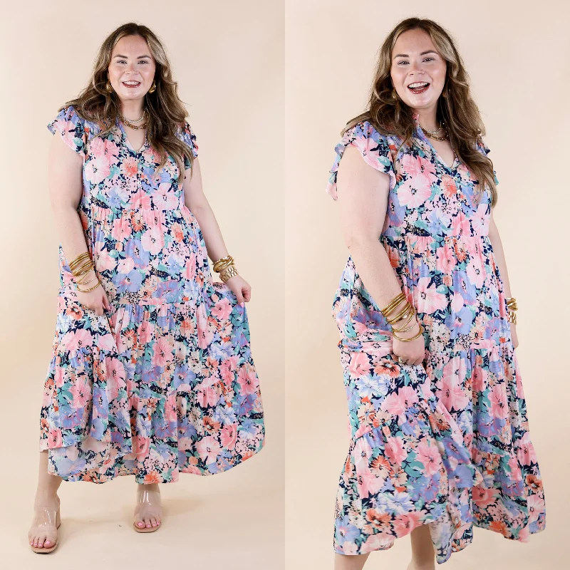 Strolling Down Sunset Floral Tiered Midi Dress in Pink and Blue Mix